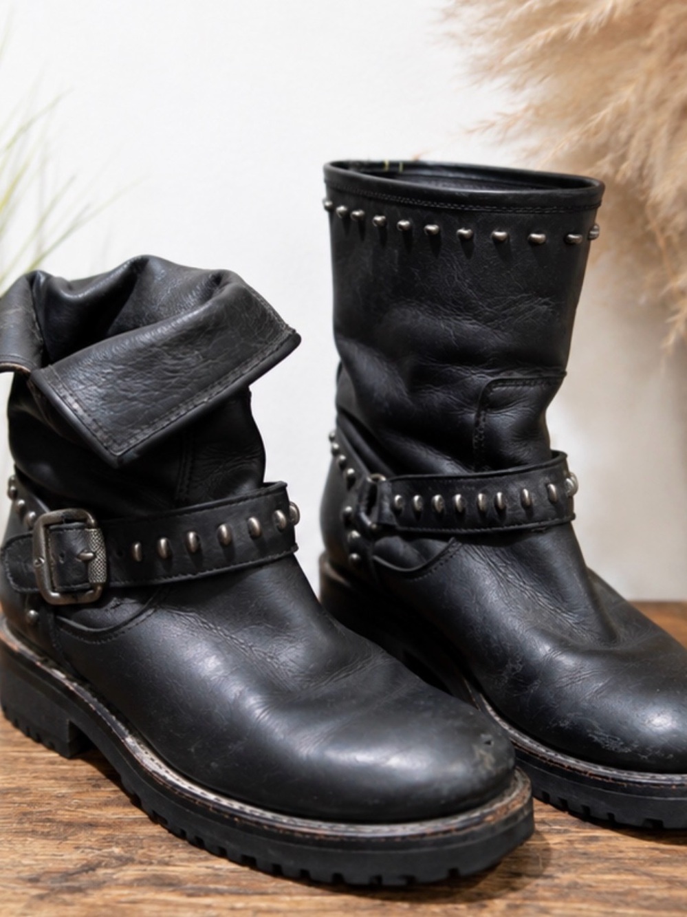 Frye Black Studded Leather Combat Moto Boots